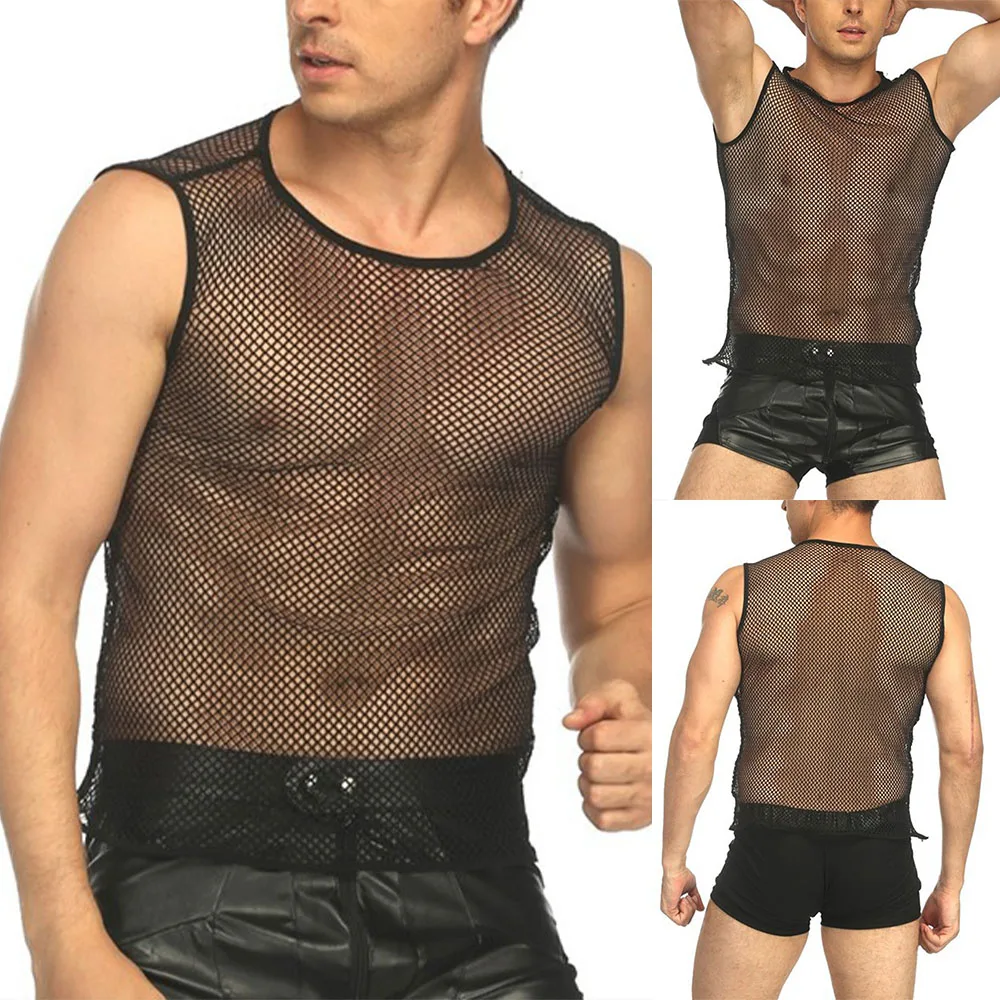 

Men Sexy Tank Tops Transparent Mesh Undershirt Fishnet Vest String Sleeveless Shirts Male See Through Night Clubwear Slim Sports