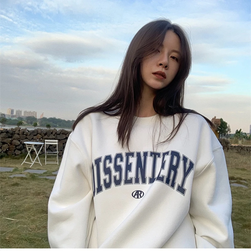 Womens Pullover Sweatshirt Long Sleeve Fashion Baggy American Lazy Style Letter Printing Crew Neck Casual Female Tops Pullover