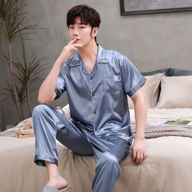 Men Pajama Sets Silk Satin Pijama Turn-down Collar Sleepwear Long Sleeve Spring Nightwear Male 2 Pieces Sets Homewear