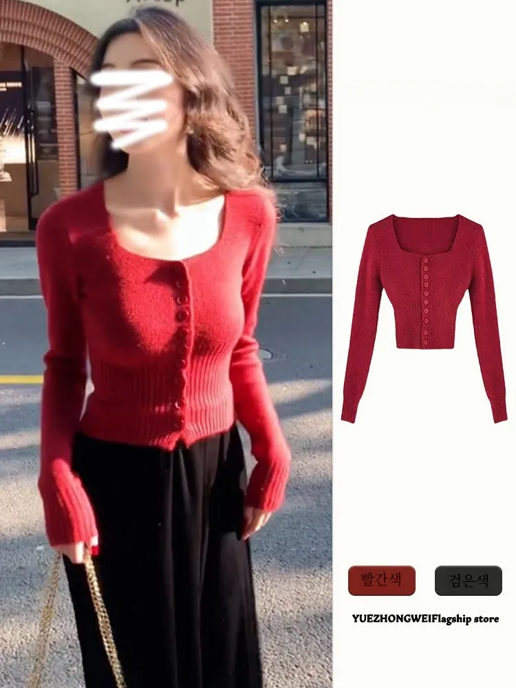 Рождественский красный укороченный свитер с французским квадратным воротником