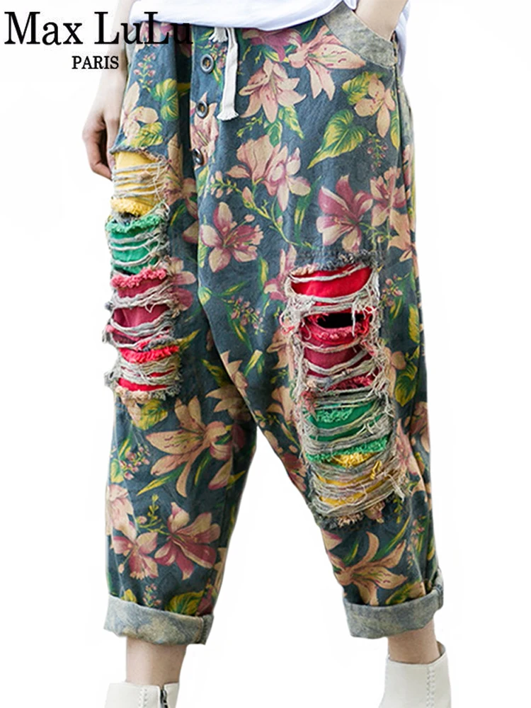 Max LuLu 2021 New Summer Design donna strappato fiori Vintage Jeans donna fori stampati pantaloni incrociati pantaloni oversize femminili