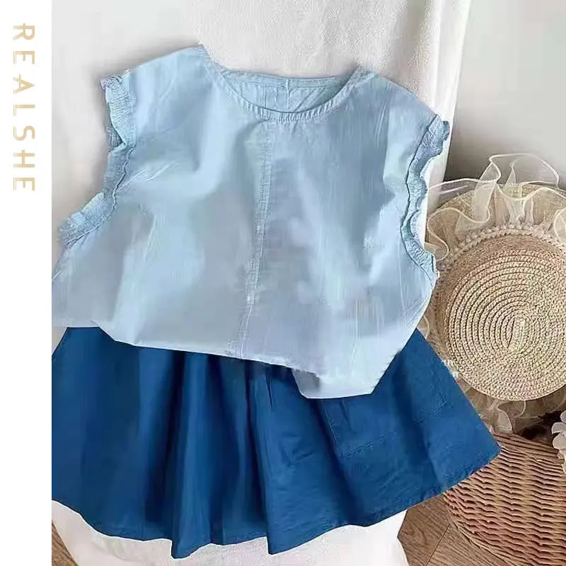 

2023 Summer New Baby Girl Clothes Solid O-Neck Sleeveless Top +Solid Bow Shorts 2 Pcs Outfits Fashion Sweet Sets For Children