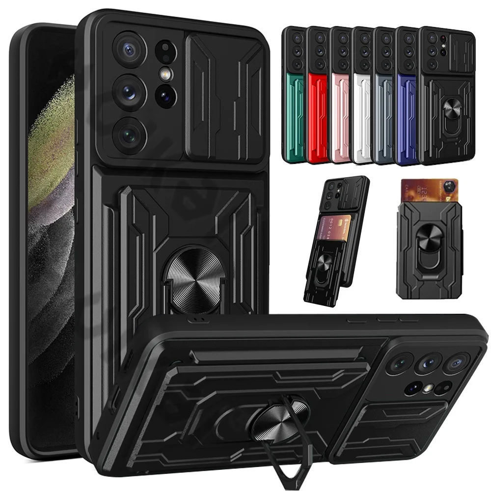 

For Samsung S22 S21 Ultra Plus Case Slide Stand Kickstand Ring Camera Military Grade Card Slot Galaxy Note 20 A13 A32 A73 A52 72