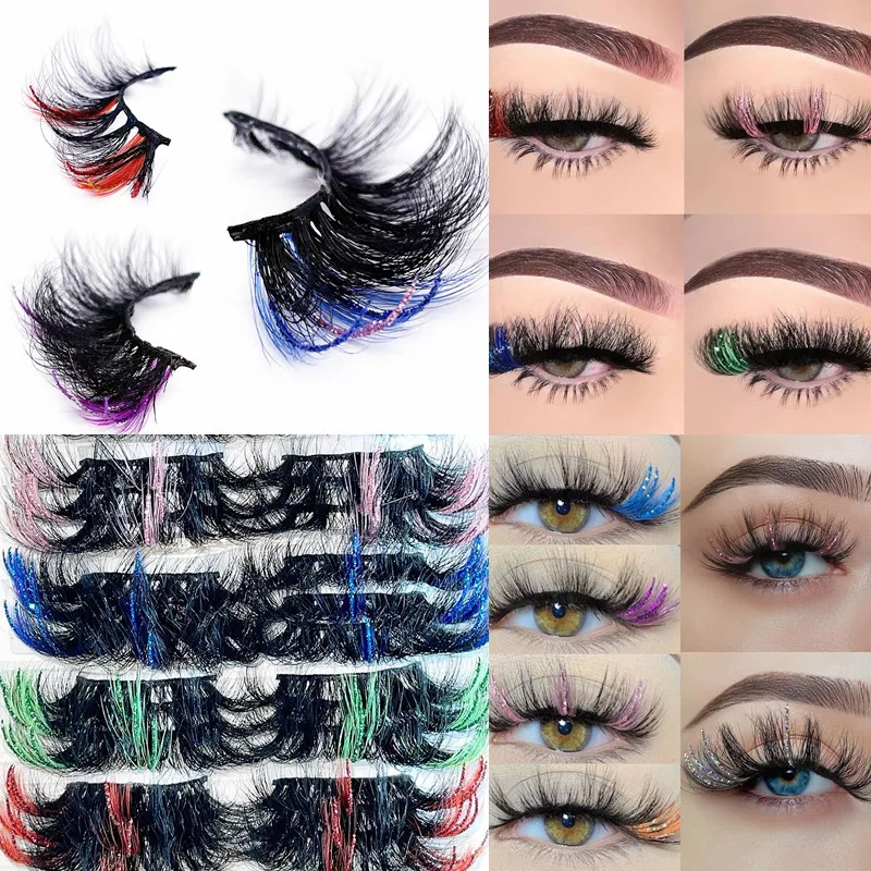 Wholesale 5/10/20/30 Pairs 25mm Colored False Lashes Glitter Mink Eyelashes Extension Supplies Fluffy Cruelty Free Makeup