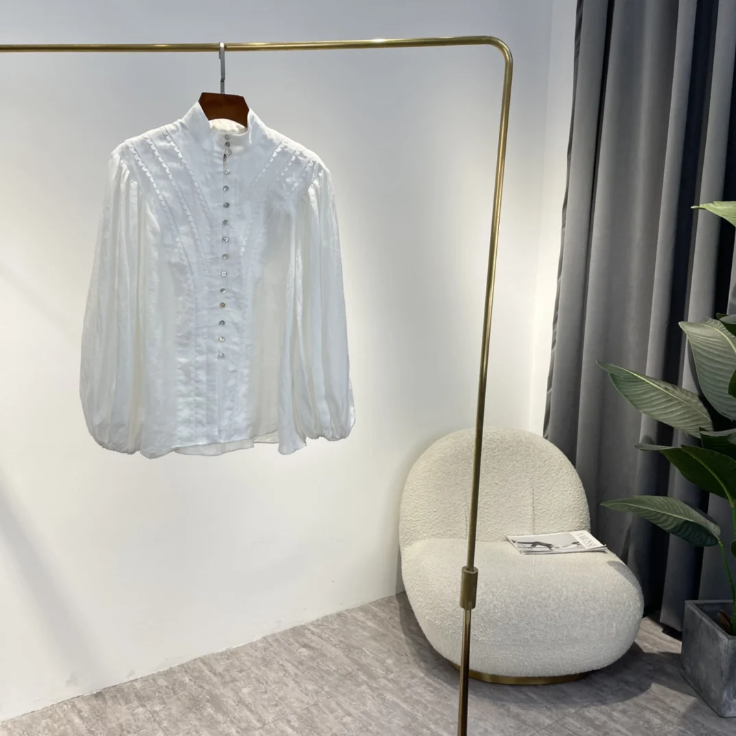 

Elegant White Linen Blouses for Women 2022 Spring Summer Designer Australia Fashion Lantern Sleeve Straight Ladies Tops Shirts