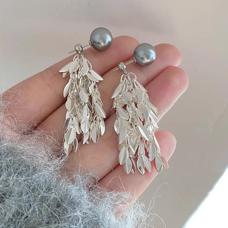 French Sparkling Wheat Tassel Gray Pearl Classy Stud Earrings for Women Dual-Wear Sle Eardrops Fancy |