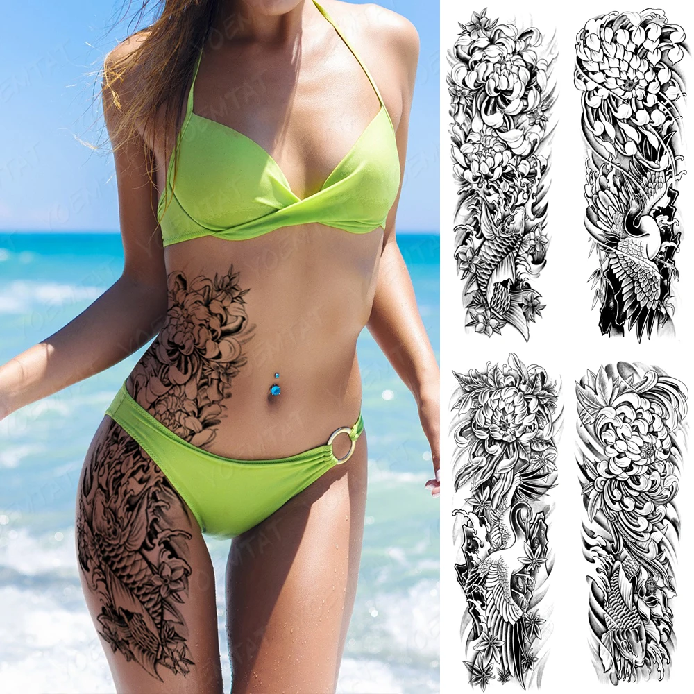 Japanese Style Traditional Sketch Chrysanthemum Totem Tattoos Women Men Waterproof Temporary Tattoo Stickers Body Art Fake Tatto