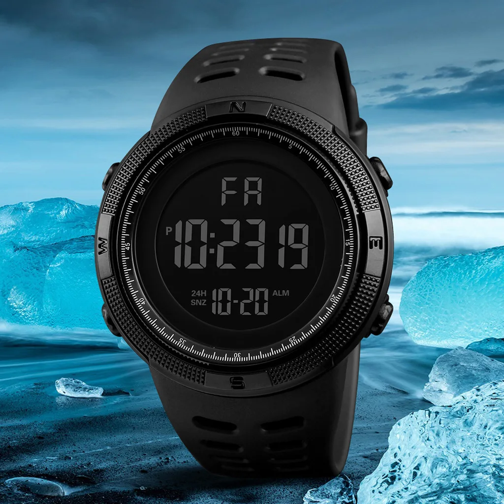 Reloj redondo Digital deportivo para hombre, cronógrafo multifunción informal con esfera LED luminosa, correa de goma para exteriores, resistente al agua, de moda