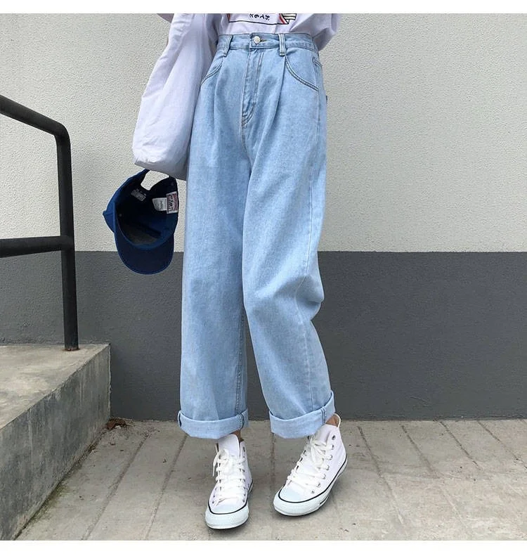 

Jeans Women Solid Vintage High Waist Wide Leg Denim Trousers Simple Students All-match Loose Fashion Harajuku Womens Chic Casual