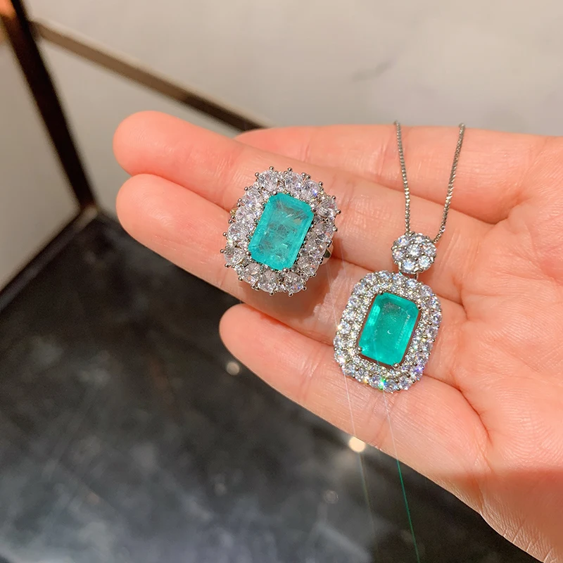 

Женское ожерелье с подвеской и кольцо, набор ювелирных изделий из прозрачного кристалла синего цвета, 2022