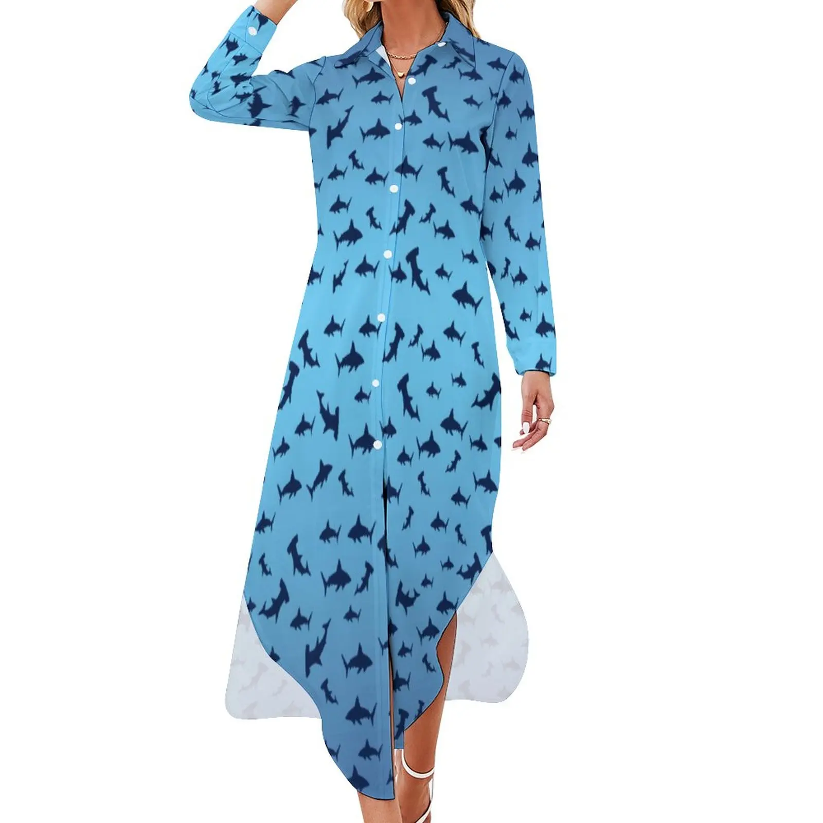 

Shark Art Print Casual Dress Hammerhead Sharks Basic Dresses Long Sleeve Festival Women V Neck Graphic Plus Size Chiffon Dress