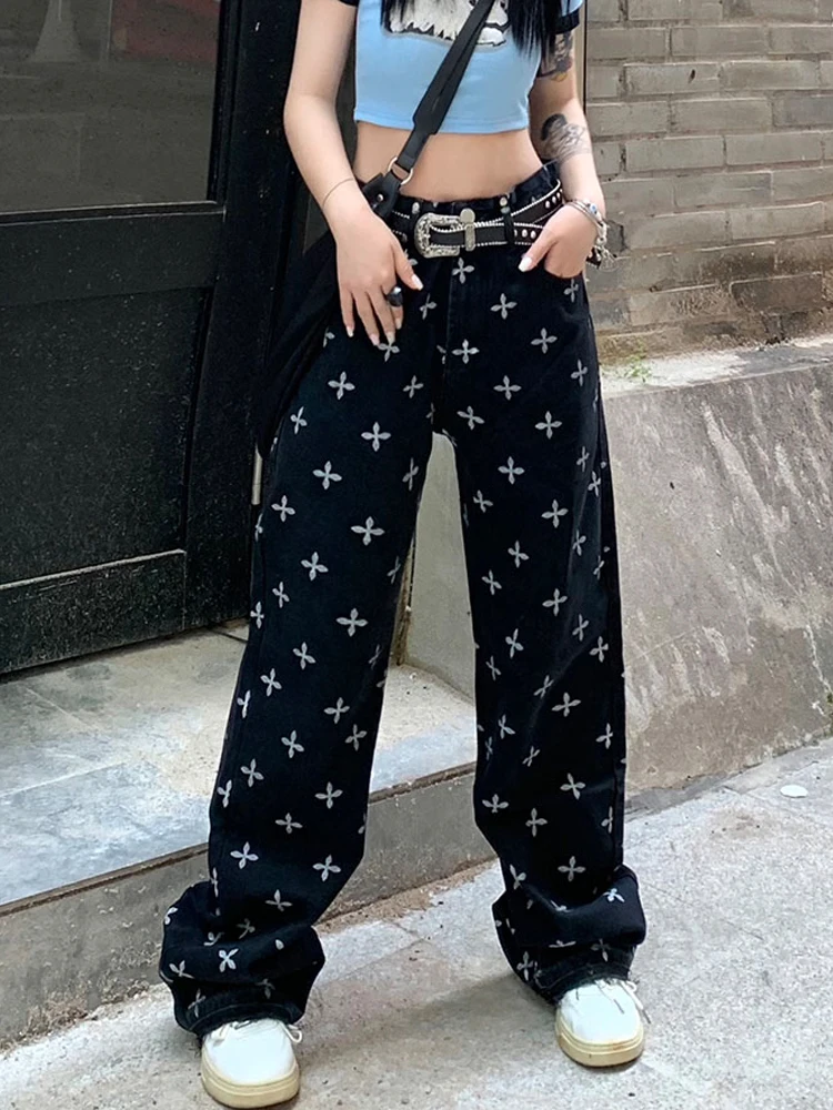 

YornMona America Fashion Cross Print Harajuku черные джинсовые брюки женские модные повседневные универсальные длинные джинсовые брюки с высокой талией