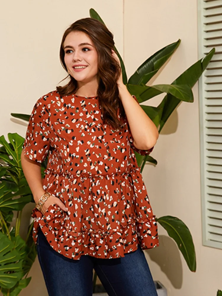 Small floral new plus size women western temperament lace-up waist print summer coat plus size T-Shirts