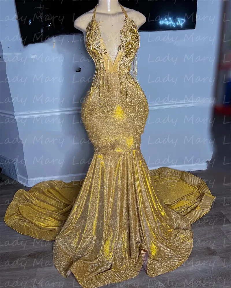 

Gold Gliter Mermaid Evening Dresses Halter Long Prom Gowns For Black Girls Beaded Appliques Birthday Party Tassel Mermaid Robe D
