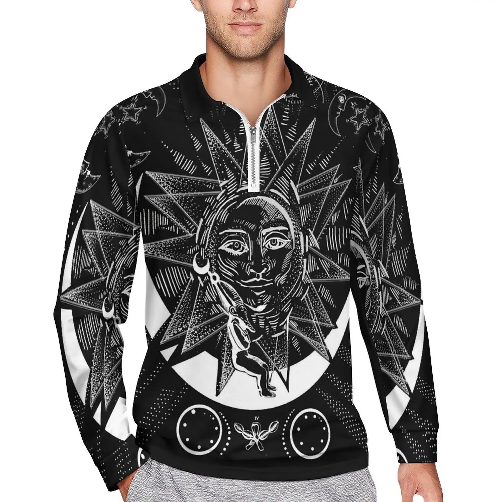 

Vintage Symbol Loose Polo Shirts Man Mystic Sun Print Long Sleeve Casual T-Shirts Cool Spring Design Shirt Big Size 4XL 5XL