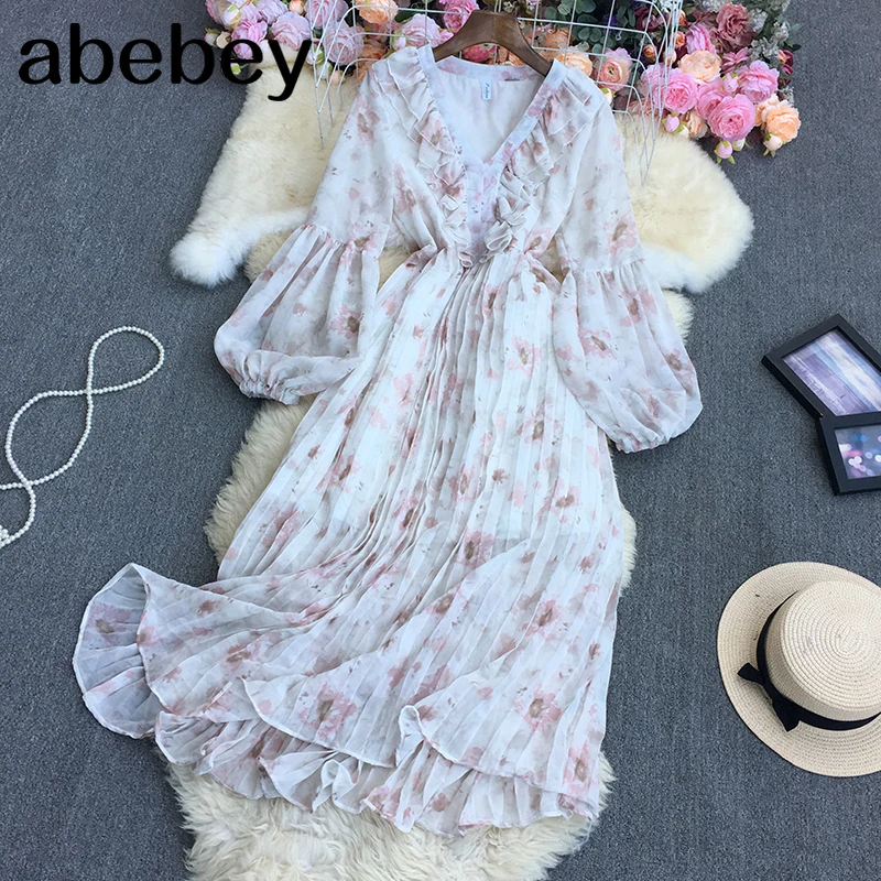 

2022 New Spring Autumn Korean V-Neck long sleeve Dress Ruffles patchwork high waist pleated Floral Print Long A-line Dress