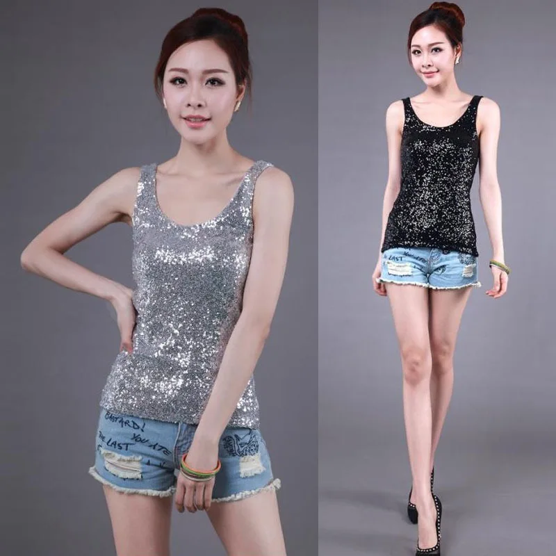 

2022 New Women Sequined Spaghetti Camisole Tank Tops Summer Clubwear Tops Sexy Round Neck Sequin Camis Lady Vest Tops Silver