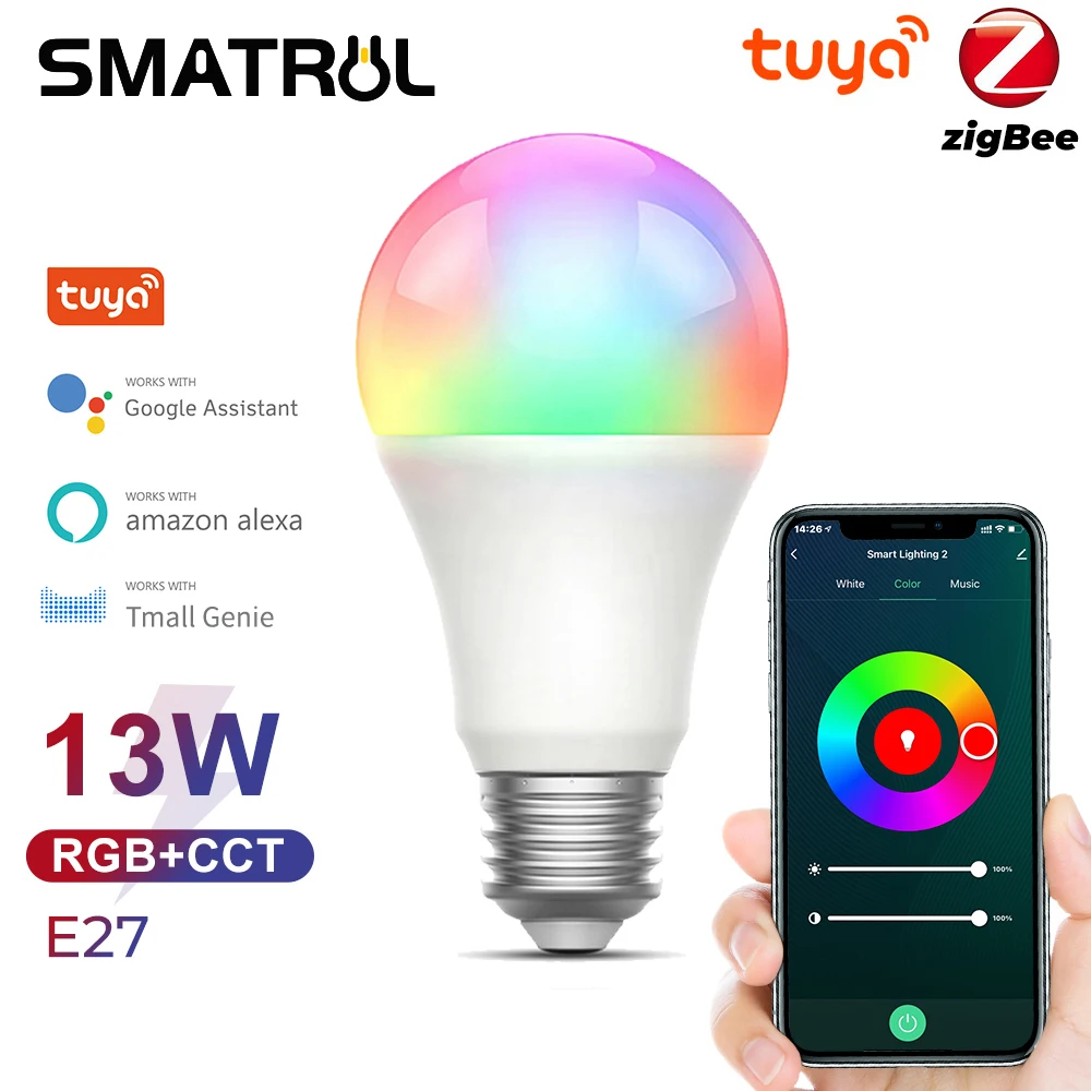 

Zigbee Tuya 13W Light Bulb E27 RGB LED Lamp Dimmable Timing with Smart Life APP Voice Control for Google Home Alexa
