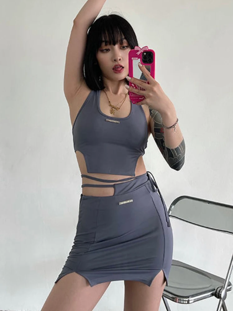 

Summer Irregular Sexy Two Piece Set Women Casual Belt Split Chic Mini Party Skirt Set Female Designer Hang Neck Slim Suits 2022