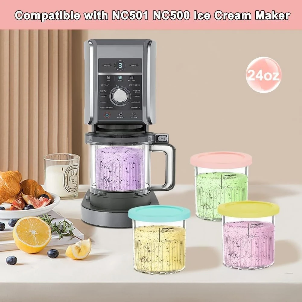 Фото Набор из 4 контейнеров для Ninja Creami Deluxe 11-в-1 XL Family Size NC500/NC501, 24 унции (700 мл), для всей семьи, можно мыть в посудомоечной машине, без бисфенола-А, герметичные, разные цвета №2