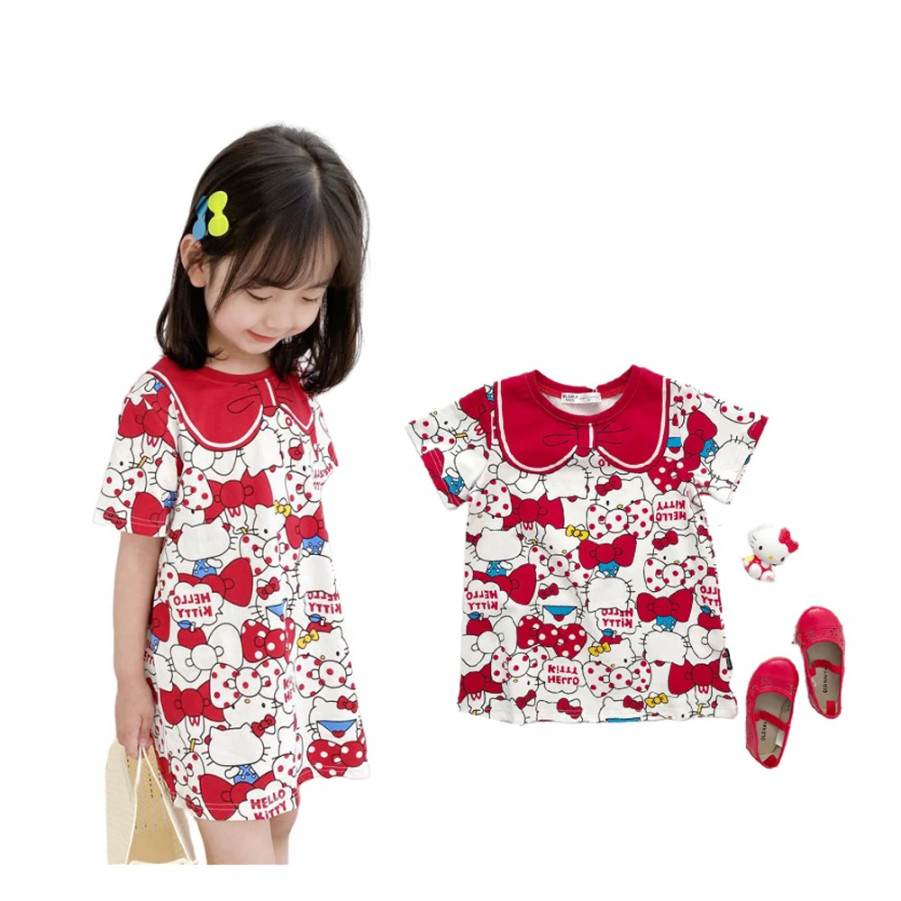 Sanrios hellokittys girl Dress Kawaii summer children pure cotton Fragmented flowers tie-dyed Mid length version T-shirt Dress