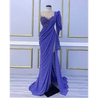 elegant blue chiffon evening dresses crystals one shoulder long sleeve prom gowns sexy high split formal party wedding dresses