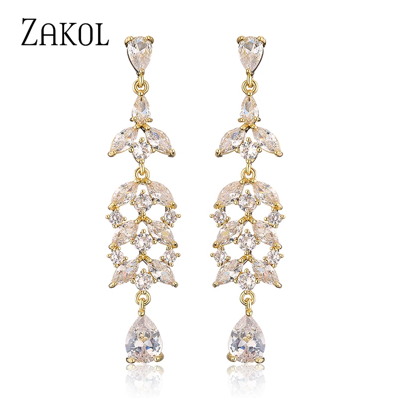 

ZAKOL Brand Wedding Drop Earrings for Women Luxury AAA Marquis Cut Cubic Zircon Leaf Party Female Jewelry EP1213
