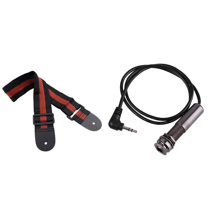 

HOT Adjustable Guitar Straps Nylon Acoustic Guitar Strap With PU Leather Tips Black + Red & Guitar Pickup Cable