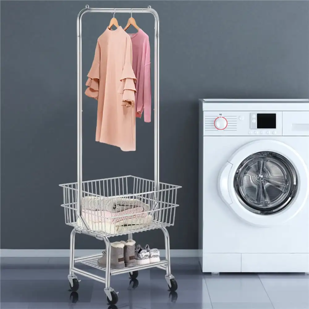 

Easyfashion 3-Tier Rolling Laundry Cart with Double Pole Rack and Bottom Shelf