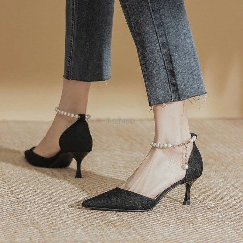 

Женские свадебные туфли без задника, черные туфли-лодочки с острым носком, на высоком каблуке, размеры 34-40, для вечеринки, 2022