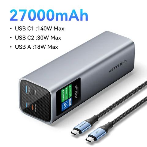 Vention RU 27000 мАч 140 Вт Power Bank PD 3.1 Портативный PowerBank с быстрой зарядкой для ноутбука Xiaomi Macbook Pro TFT Дисплей Аккумулятор