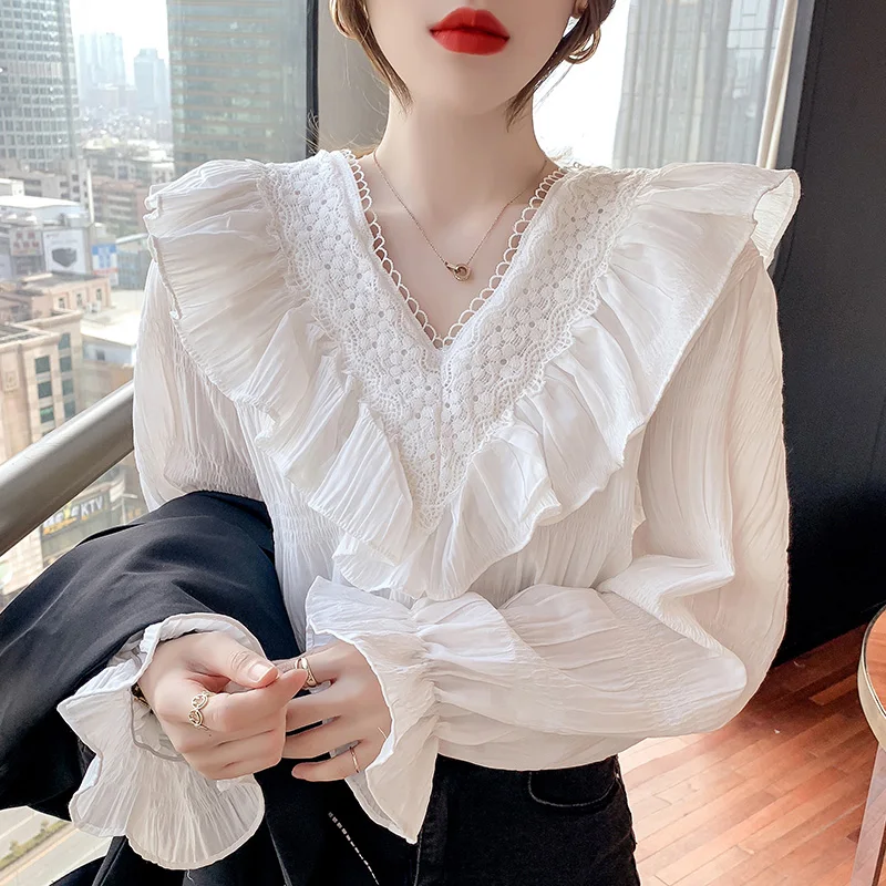 

Blouses Shirts Women Tops Ladies Femme Ruffle Roupas Femininas 2023 New Lace Crochet V-neck Loose Flared Sleeve Shirt 350E
