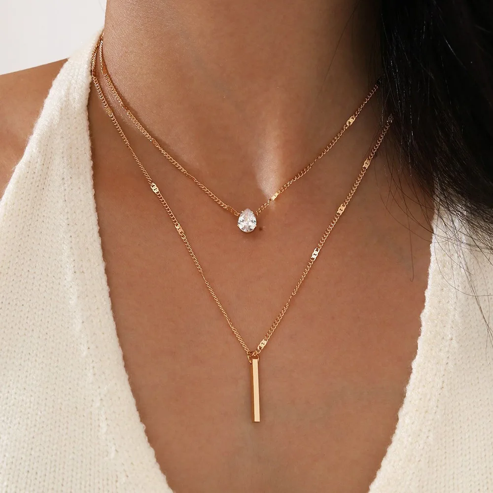 

Double Layered Water Droplet Quadrilateral Column Alloy Gemstone Pendant Necklace For Women Gold Silver