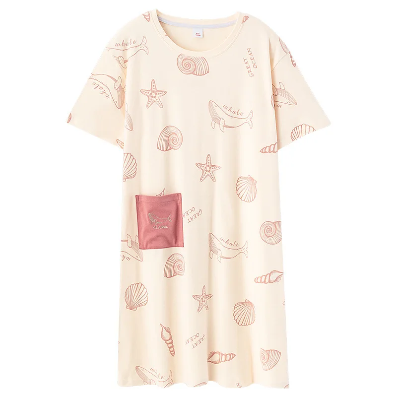 Nightdress Women's Summer Thin Cartoon Girl with Round Neck Cotton Short-sleeved Sleepwear Ladies Home Service One-piece Skirt