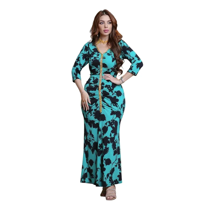 2023 Summer Spring elegant Style Muslim Women Long Sleeve V-neck Polyester Printing Long Dress Muslim Abaya Muslim Fashion Dress