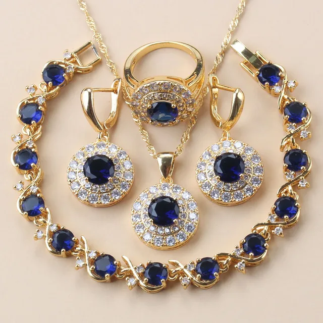 African Gold Color 925 Mark Bridal Costume Necklace And Earrings Blue Cubic Zirconia Jewelry Sets For Women Luxury Wedding 1
