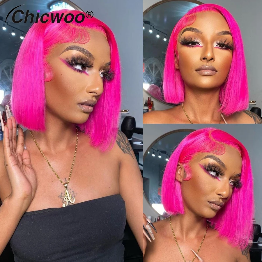

200% Density Hot Pink Short Bob Wigs Brazilian Remy Human Hair 13x4 13x6 Transparent Lace Front Straight Wig Preplucked Hairline