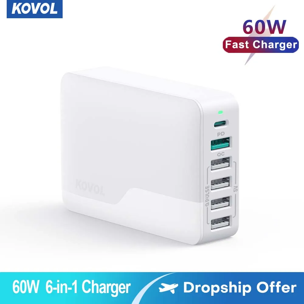 

KOVOL 60W Charger 6 Ports Desk QC/PD USB A USB C Adapter For iPhone Charger Type C For Samsung Xiaomi PD Mobile Phone Chargers