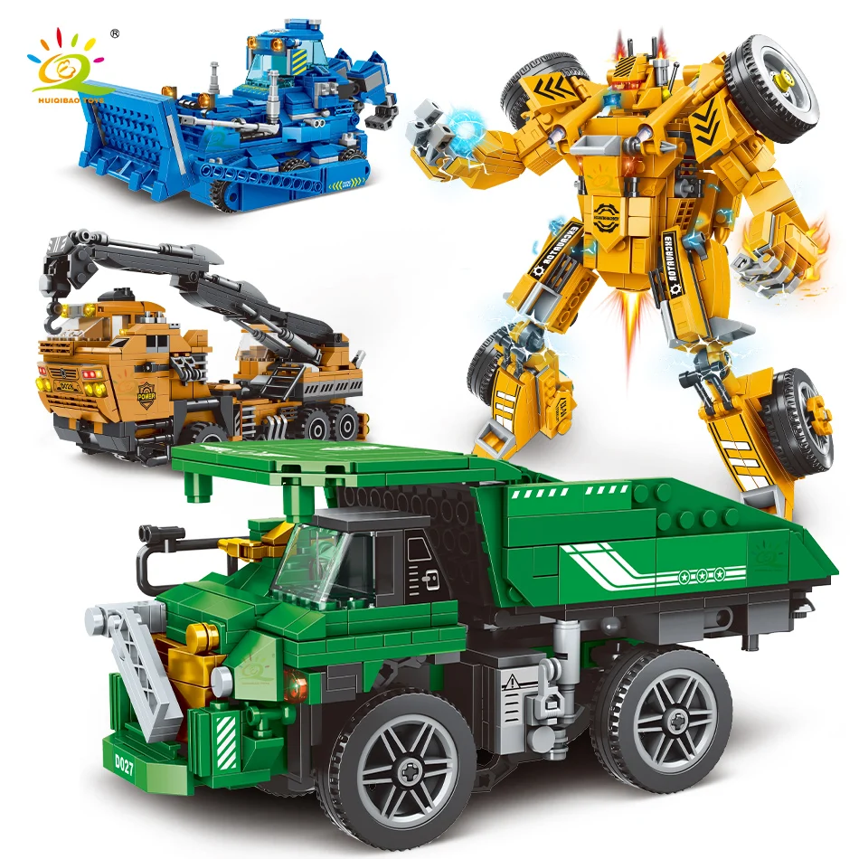 

HUIQIBAO 2 Change Robot DIY Transform Mecha Cars Building Blocks City Engineering Vehicle Bricks Toys For Children Boys Gift