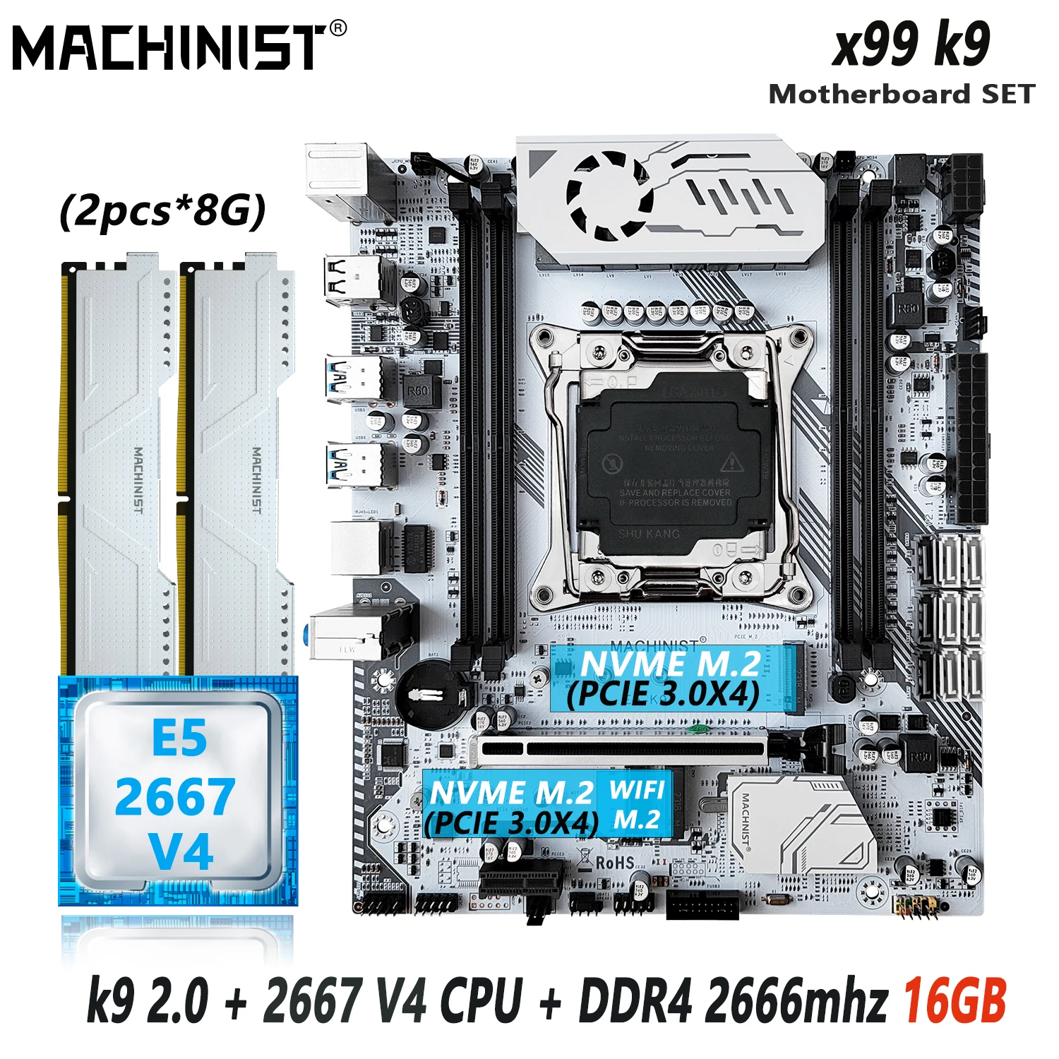 

MACHINIST X99 комплект материнской платы LGA 2011-3 комплект Xeon E5 2667 V4 ЦПУ процессор 16 Гб (2*8 ГБ) DDR4 2666 МГц ОЗУ память NVME M.2 K9 2,0