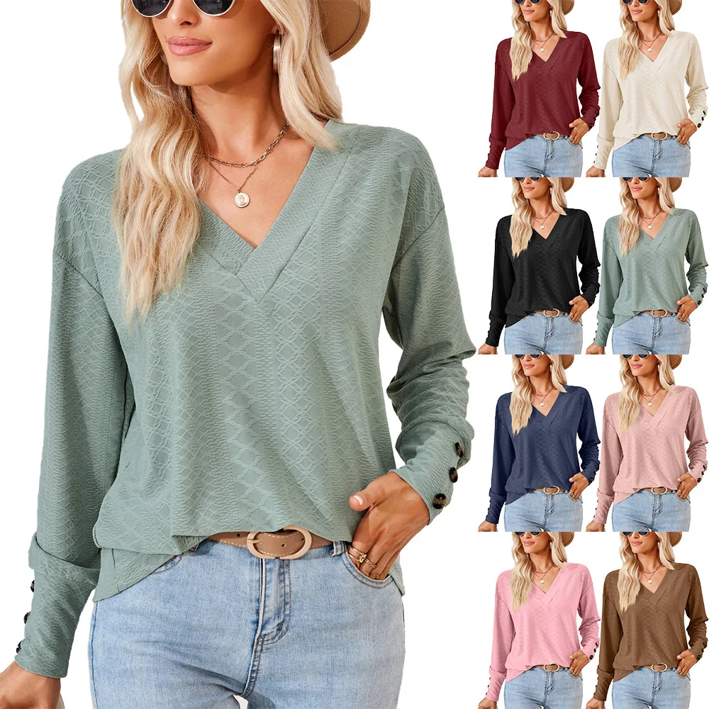 

2023 autumn/Winter solid color V-neck button loose T-shirt top for women shirts for women women clothes y2k top