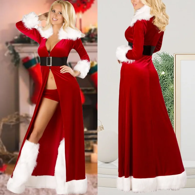 

Women Warm Santa Claus Dress Festival Style Cotton Christmas 3 Pieces Set High Waist Deep V Neck Long Sleeve Vacation Outfit