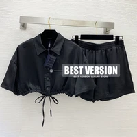 best version inverted triangle logo drawstring strap design cropped top elastic waist wide leg shorts two piece sets clothes
