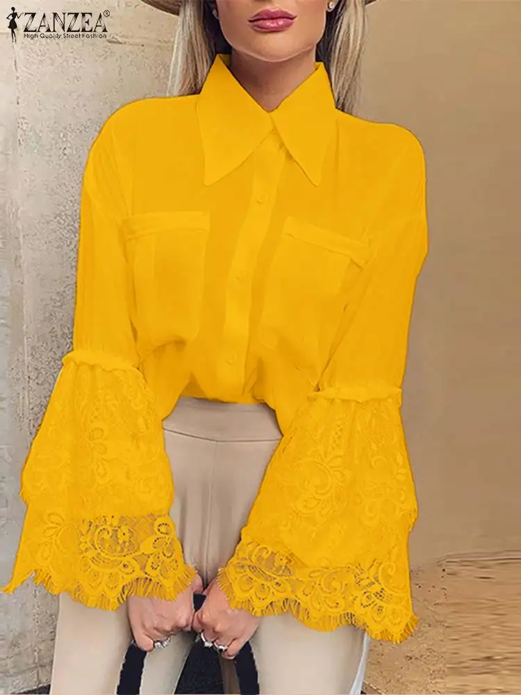 

Блузка ZANZEA женская с расклешенными рукавами, модная Повседневная рубашка с кружевными вставками, на пуговицах, Элегантная сорочка с лацкан...