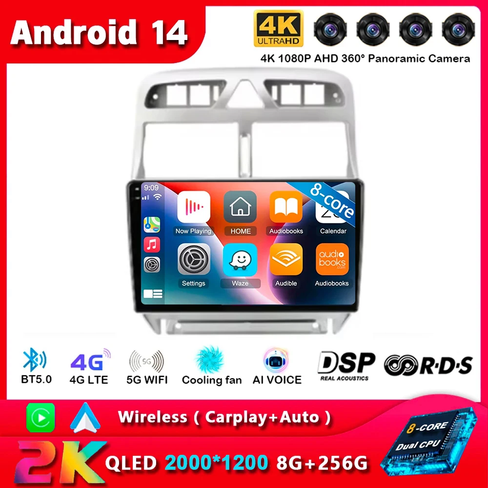 Android14 Carplay для Peugeot 307 SW 307CC 307SW 2002 2003 2004 2005 2006 2007-2013 Мультимедийный автомобильный