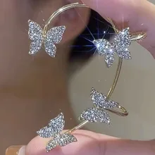 Gold Plated Metal Ear Bone Clip For Women Sweet Exquisite Sparkling Crystal Butterfly Ear Cuff Clip Earring Wedding Jewelry