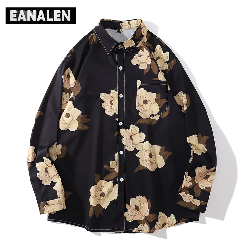 

Harajuku Retro Black Floral Social Shirt Men Oversized Trendy Korean Clothing Fashion Trend Casual Shirts Long Sleeve Punk Rock