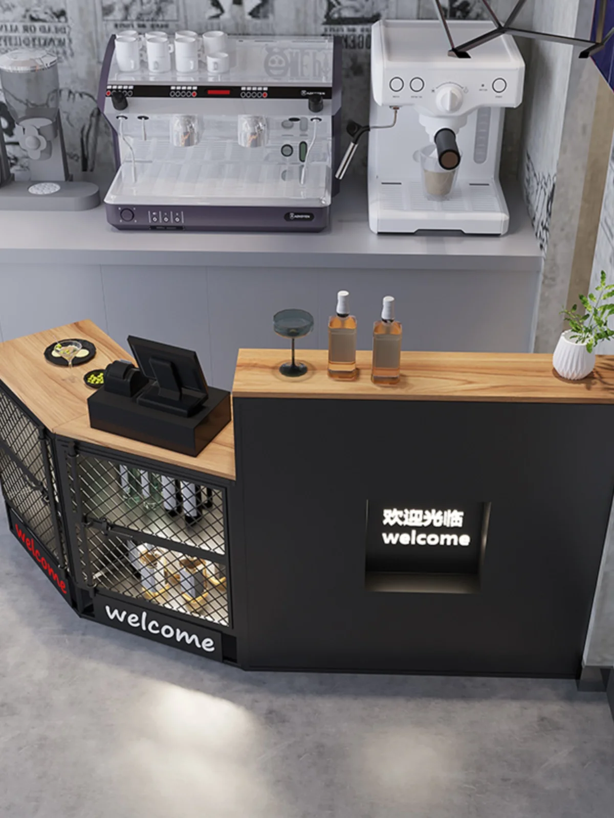 Промышленный ретро-прилавок для оформления заказа изогнутый угловой барный стол