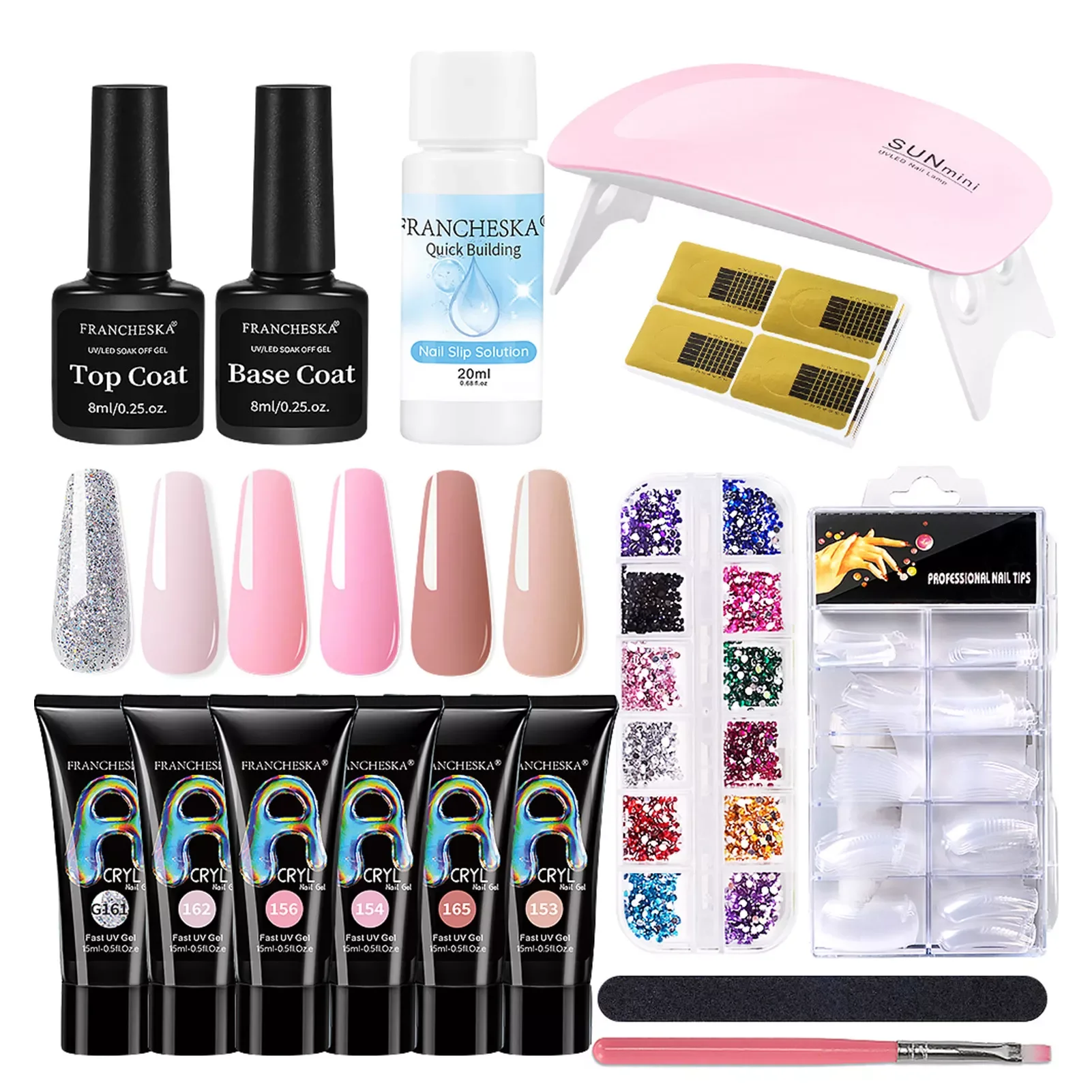 

NEW2023 Girl Nail Extension Kit 6 Different Color 15ml Extension Gel,Base Coat,Top Coat,Nail Slip Solution,100pcs Nails Model,Na