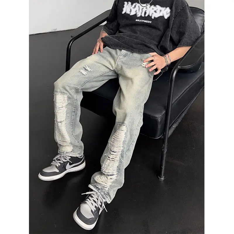 High Street American Retro Design Ripped Jeans Baby Boy and Girl Summer High Waist Loose All-Match Casual Straight Pants